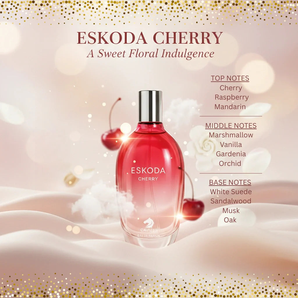 Eskoda Cherry Eau de Parfum – Sweet Floral Fruity Fragrance for Women | Long-Lasting Cherry Vanilla Perfume | Sweet Gourmand Perfume | Women's Luxury Perfume | Playful Cherry Raspberry Marshmallow Vanilla Scent 100ml