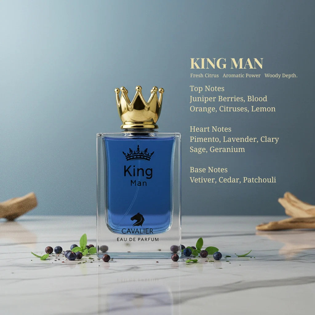 King Man Eau de Parfum – Regal Woody Aromatic Fragrance for Men | Long-Lasting Fresh Woody Perfume | Mediterranean Aromatic Perfume | Bold Blood Orange Lemon Lavender Vetiver Cedar Scent 100ml