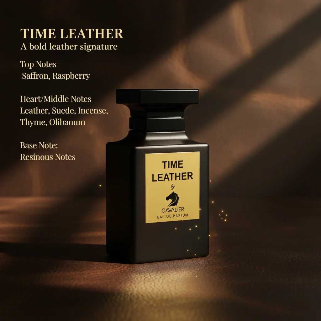 Time Leather Eau de Parfum – Bold Leather Fragrance for Men | Long-Lasting Smoky Leather Perfume | Luxury Leather Cologne | Men's Luxury Cologne | Intense Saffron Raspberry Suede Incense Scent 100ml
